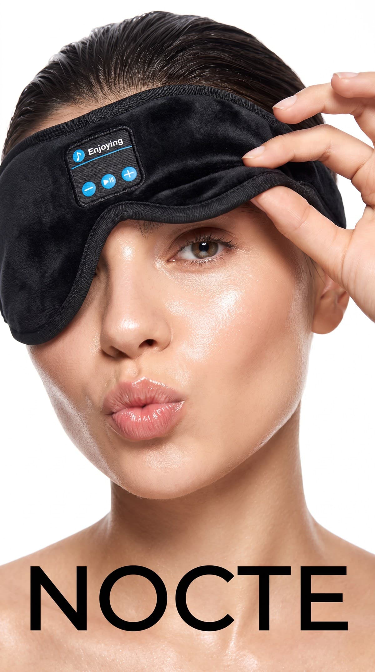 Wearing the Nocte Sleep Mask in Midnight